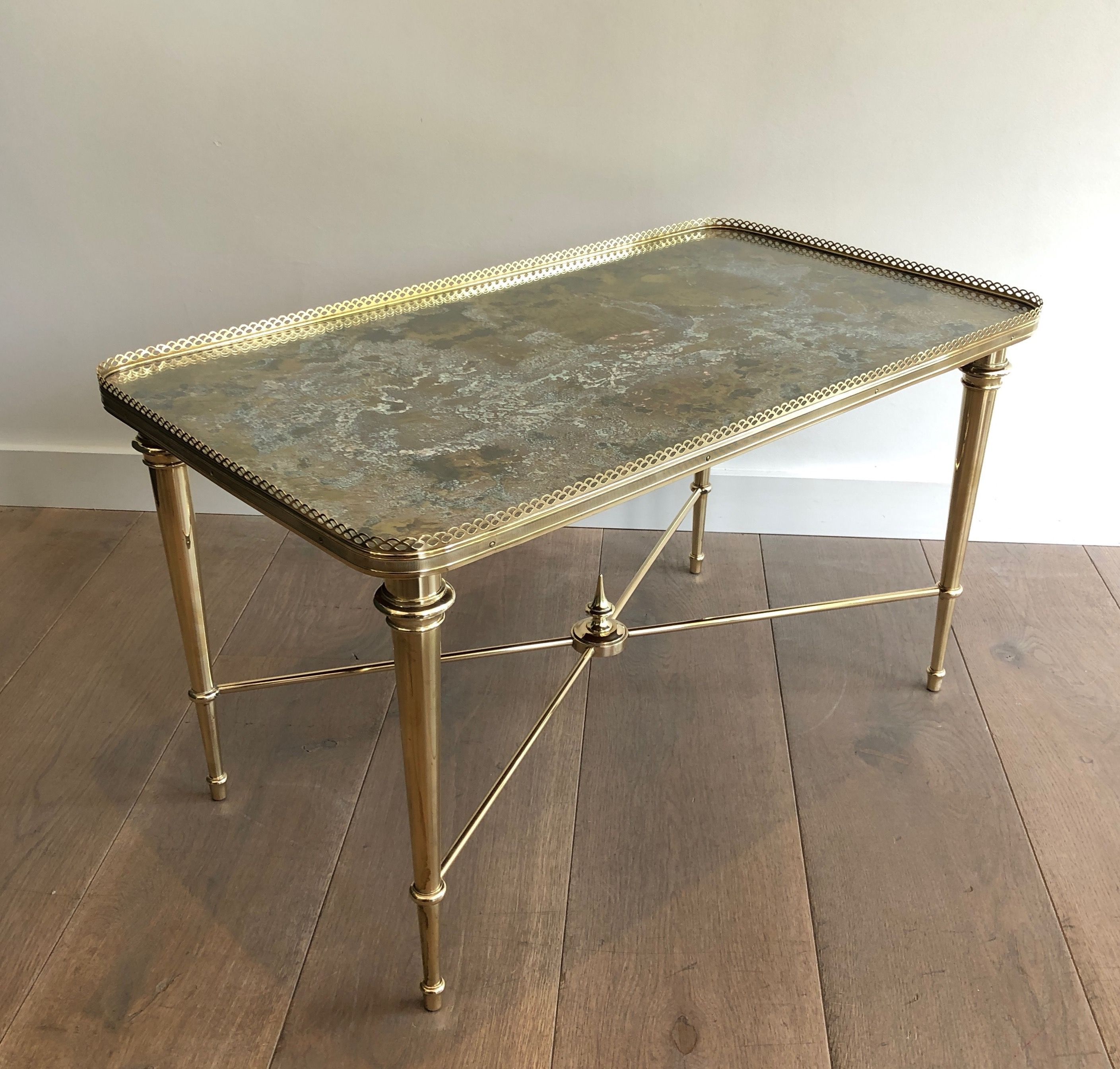 Brass Coffee Table with Eglomised Mirror Top Attributed to Maison Ramsay