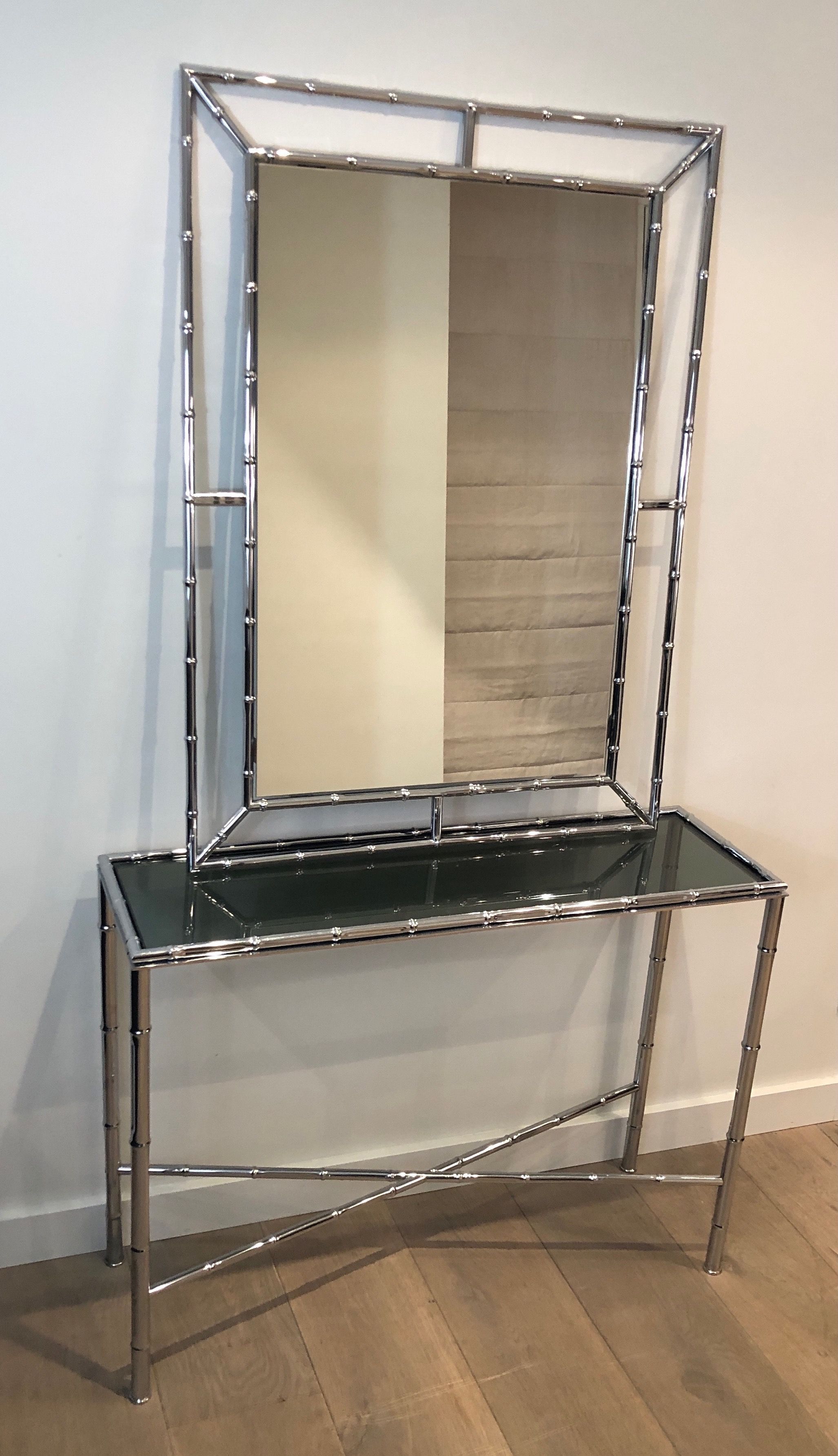 Faux-Bamboo Chrome Console and Mirror