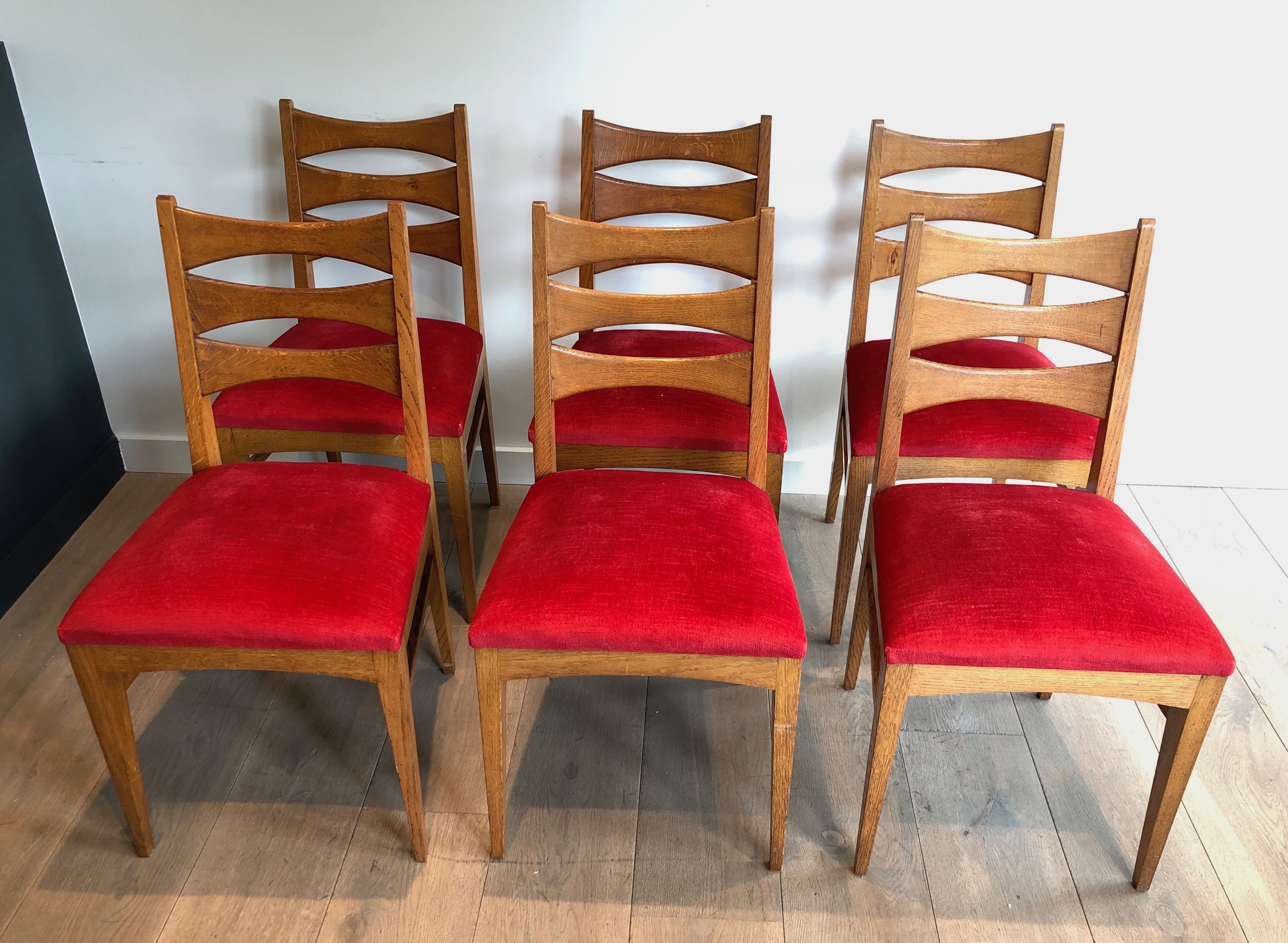 Set of 6 Oak and Red Velvet Chairs