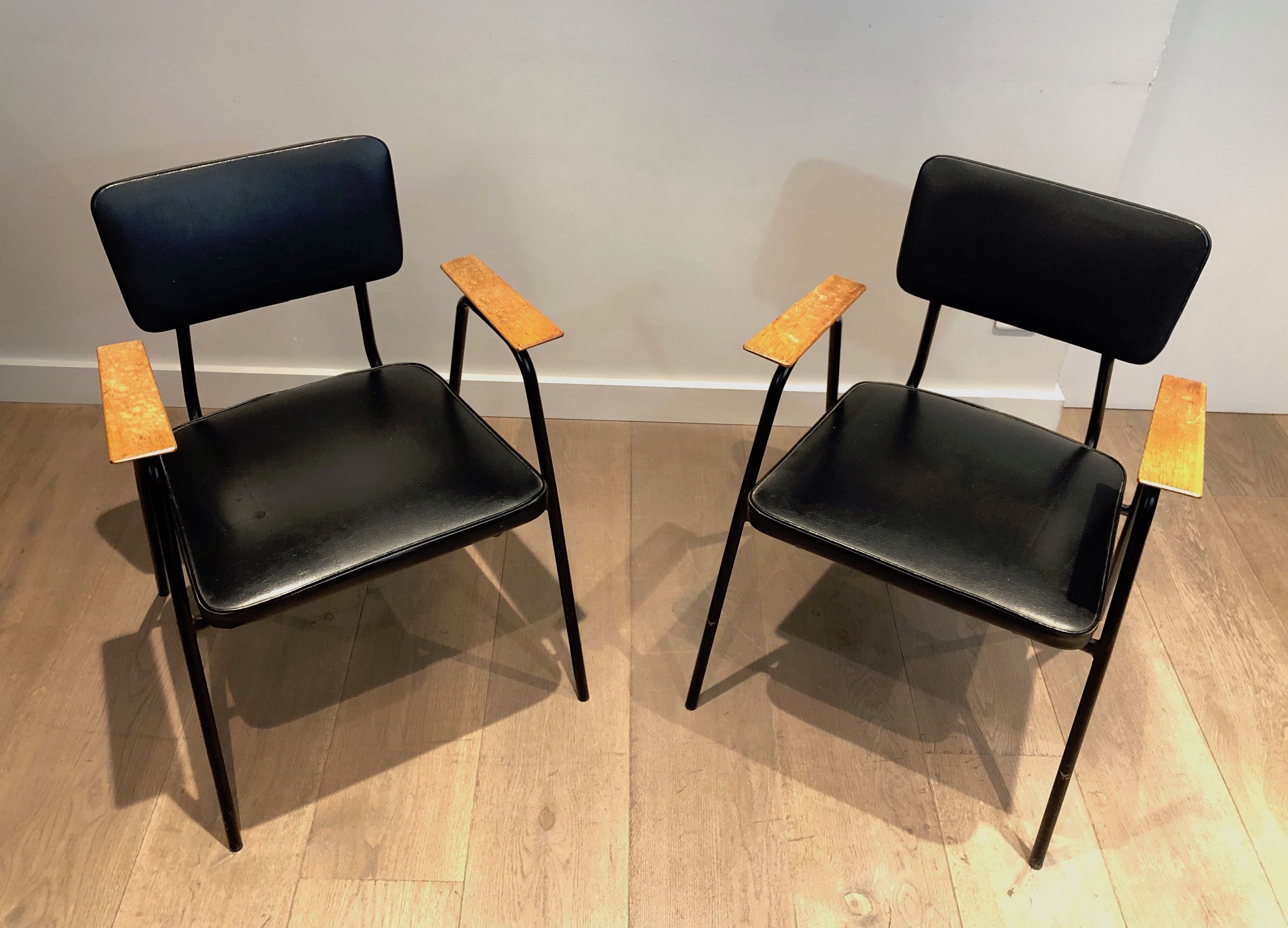 Pair of Black Lacquered Armchairs, Model "M" by Pierre Guariche, circa 1950