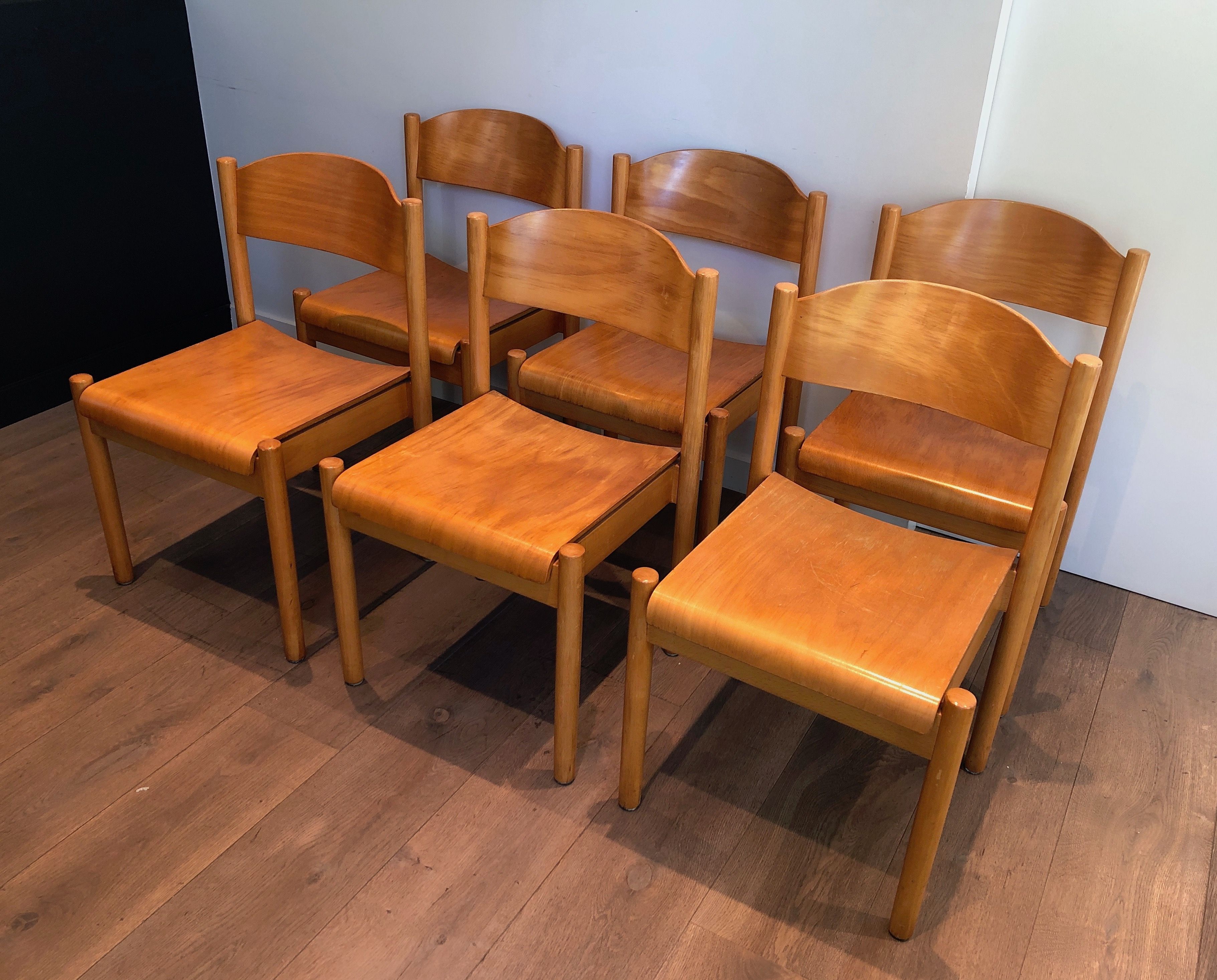 Set of 6 Stackable Pine Chairs by Karl Klipper