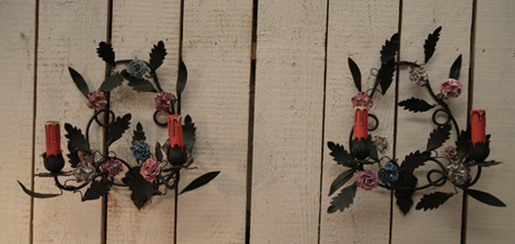 Pair of Decorative Wall Sconces with Porcelain Flowers. Circa 1970