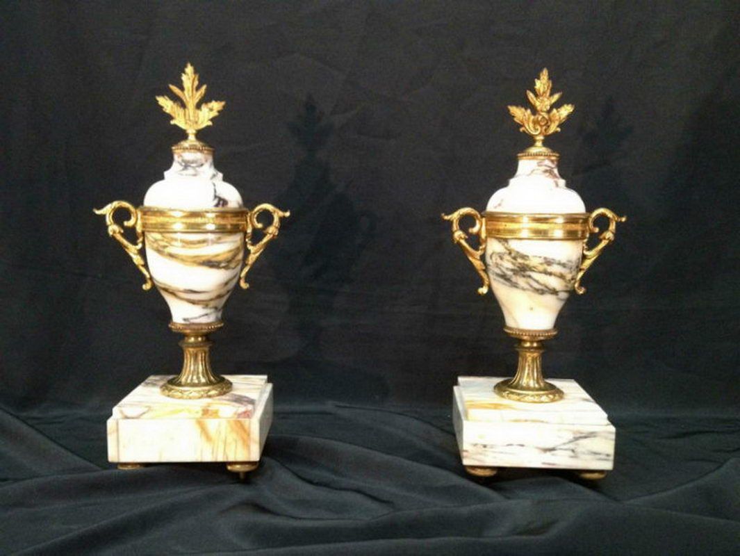 Pair of small white marble and bronze "cassolettes"