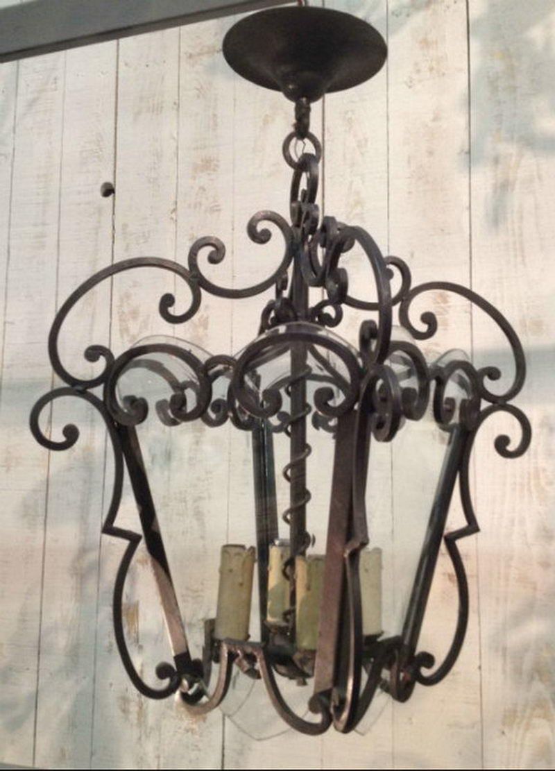 Wrought Iron Lantern with Unusual Glass. French Work. Circa 1940