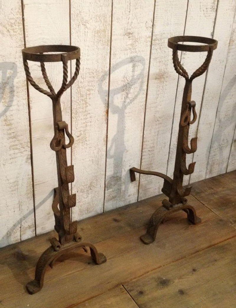 Important Pair of Wrought Iron Landiers Andirons. French Work. Circa 1900