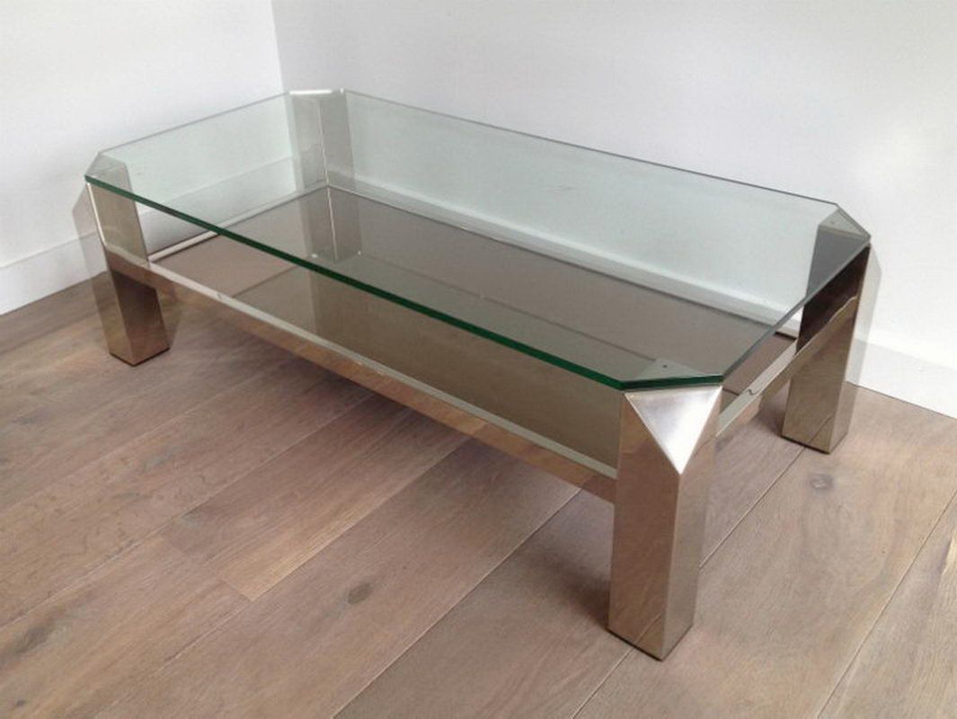 Table Basse Design Octogonale Chromée à Plateaux de Verre et Miroir