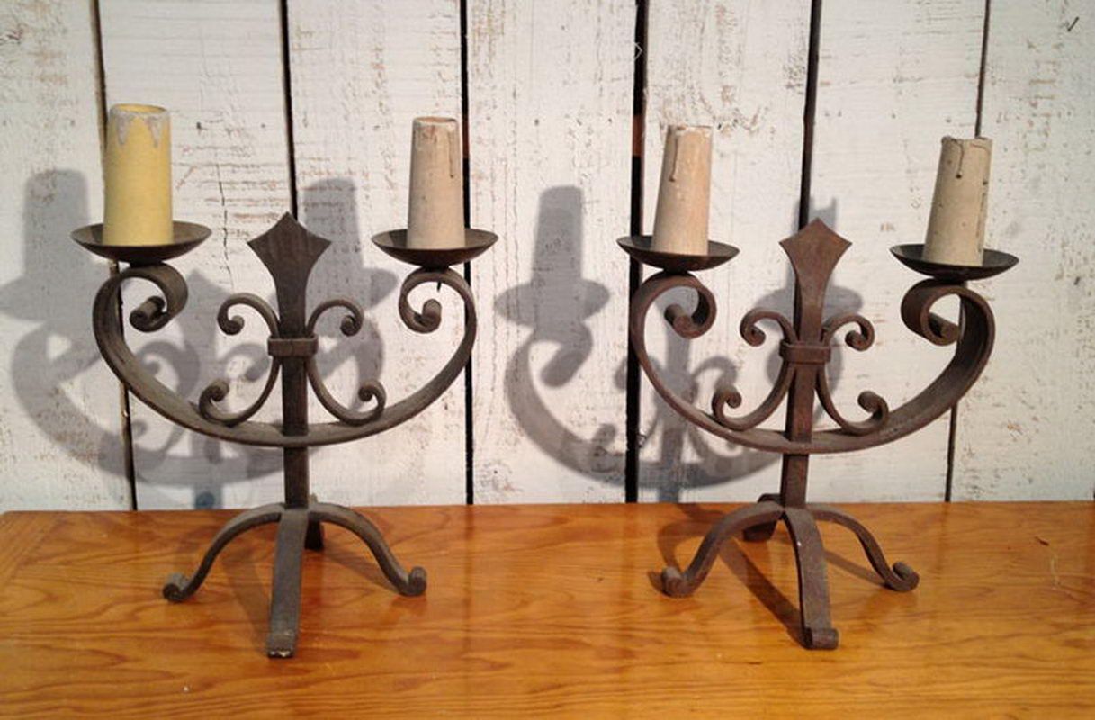 Pair of wrought iron table lamps. Circa 1950.