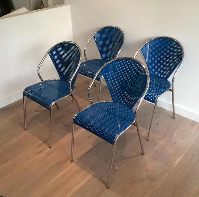 Set of 4 Chrome and Blue Lacquered Perfored Metal Chairs