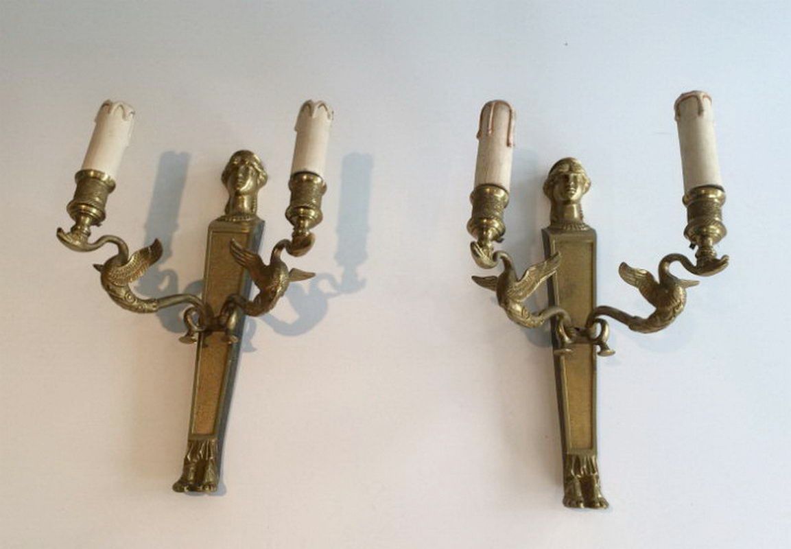 Pair of Caryatids and Swans Empire Style Bronze Sconces