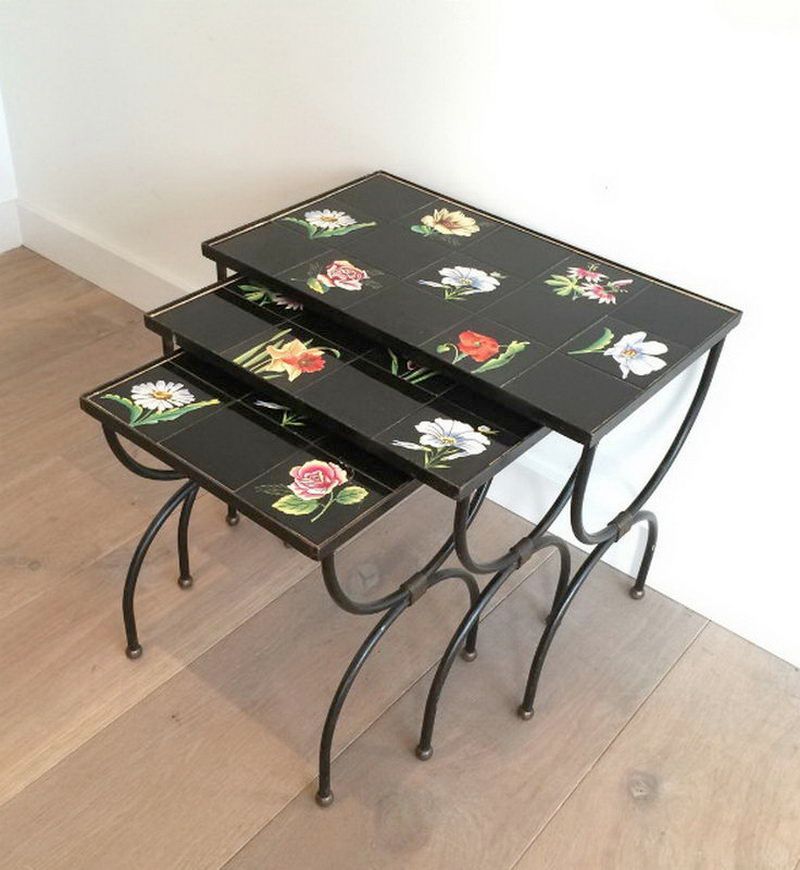 Unusual Ceramic and Black Iron nesting Tables