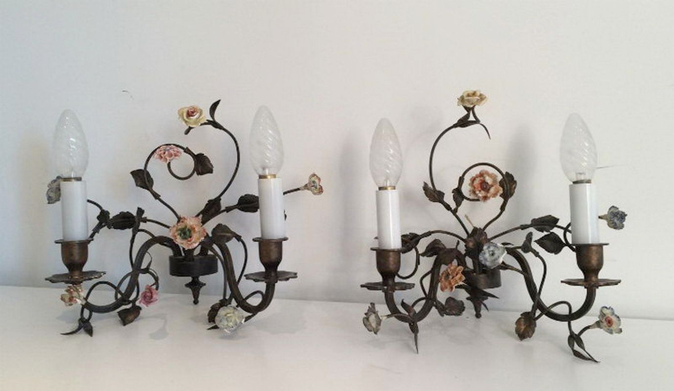 Porcelain Flowers and Bronze Wall Sconces