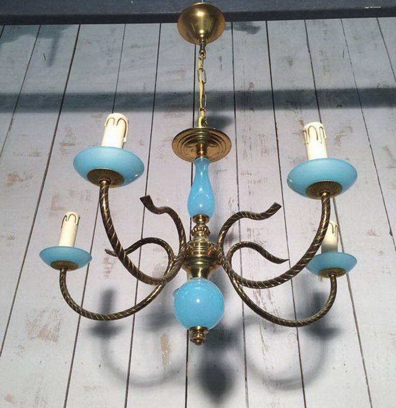 Blue opaline and brass small chandelier