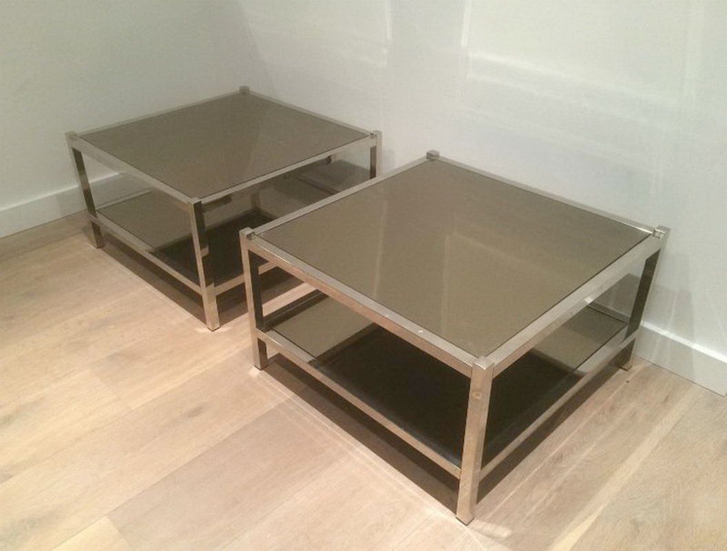 Pair of large chrome and bronze mirror side tables