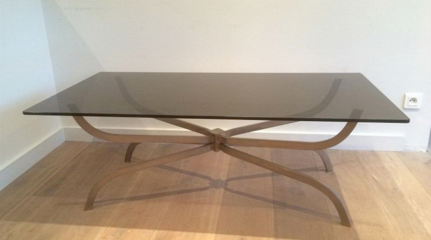 Brushed Steel Coffee Table with Smoked Glass Top by Maison Charles. Circa 1960