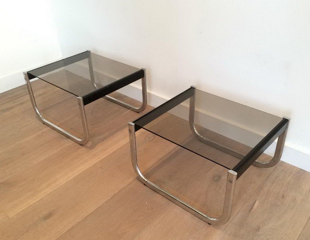 Pair of chrome, black wood and glass side tables