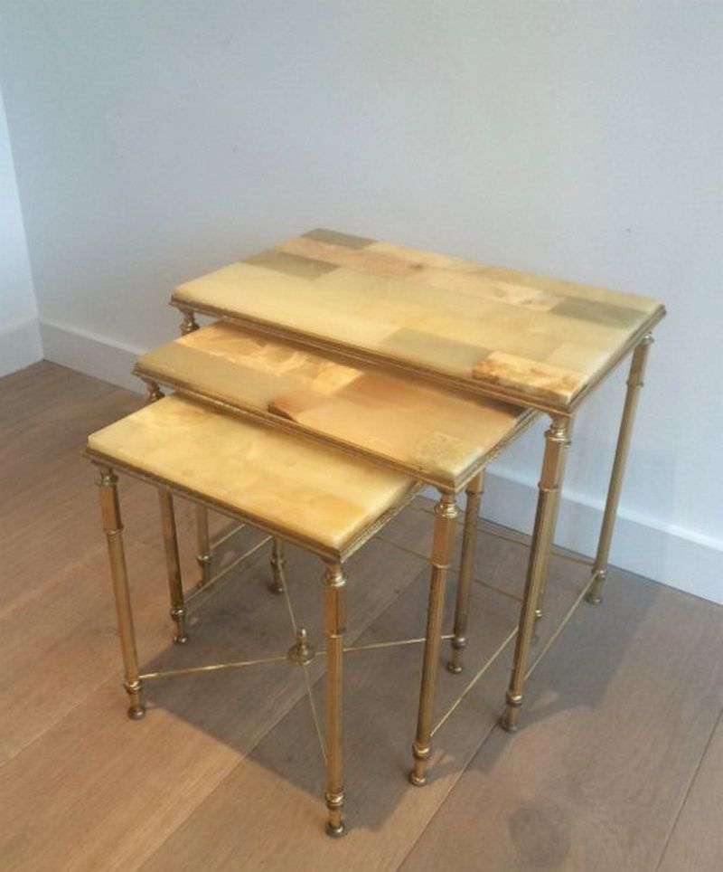 Set of Gilt Metal Nesting Tables with Onyx Tops