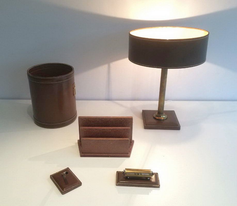 Set of leather lamp, basket, paper holder, diary and pen holder