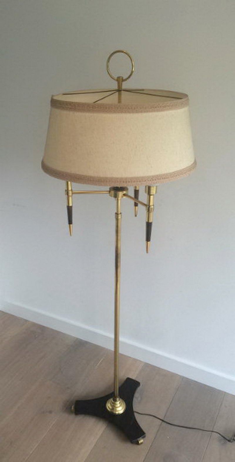 Unusual brass and wood floor lamp with white opaline globes