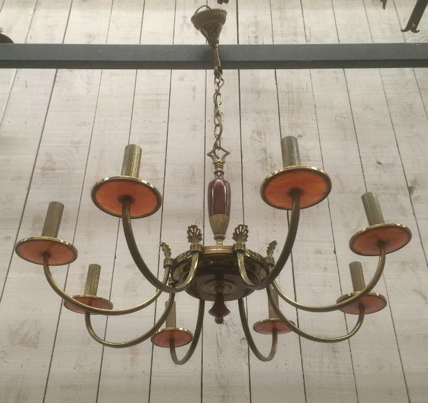 Brass and Red Lucite Chandelier