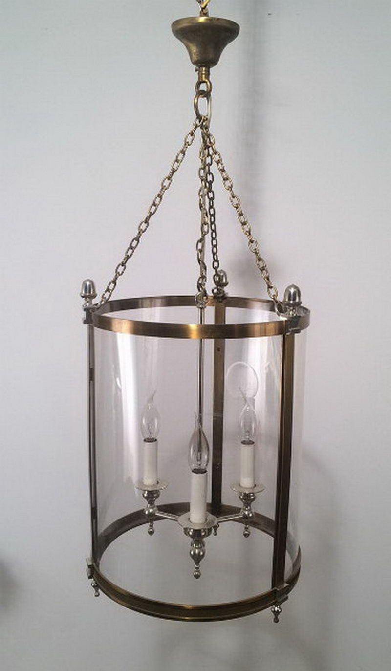 Neoclassical brass and silver lantern with strong plastic rounded faux-glass