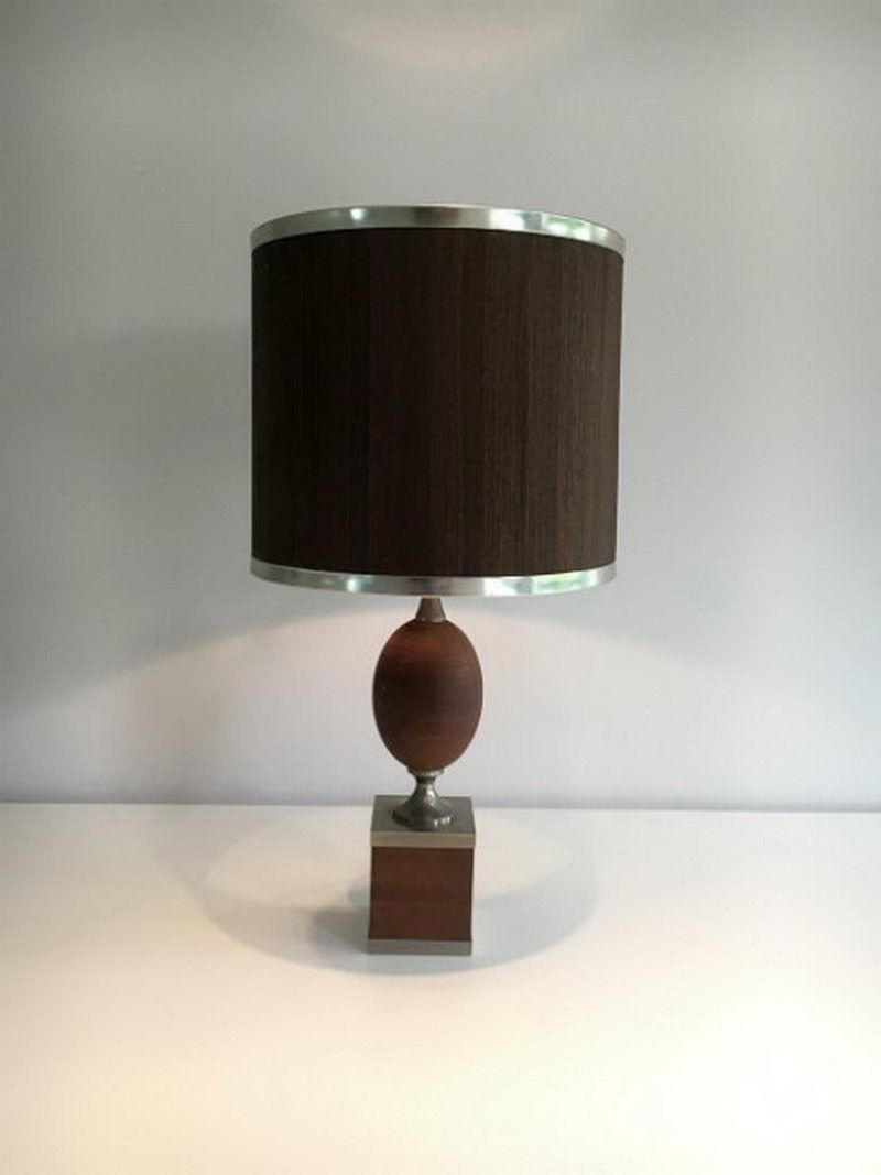 Wood and brushed steel egg lamp with wooden shade