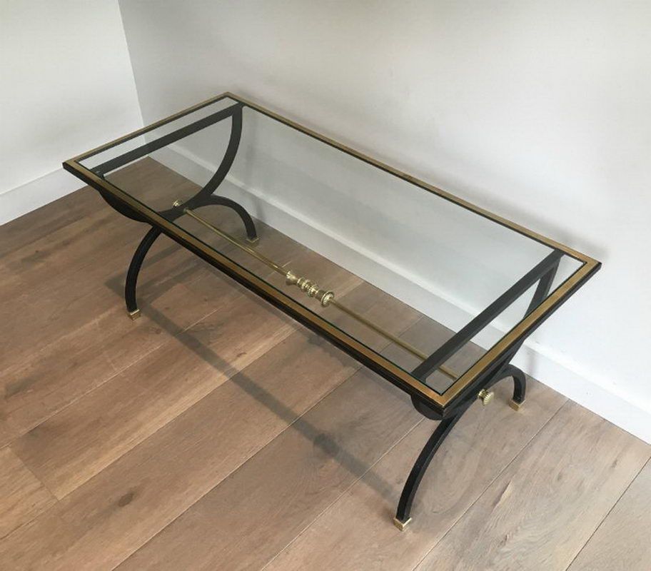 Neoclassical black steel and brass coffee table