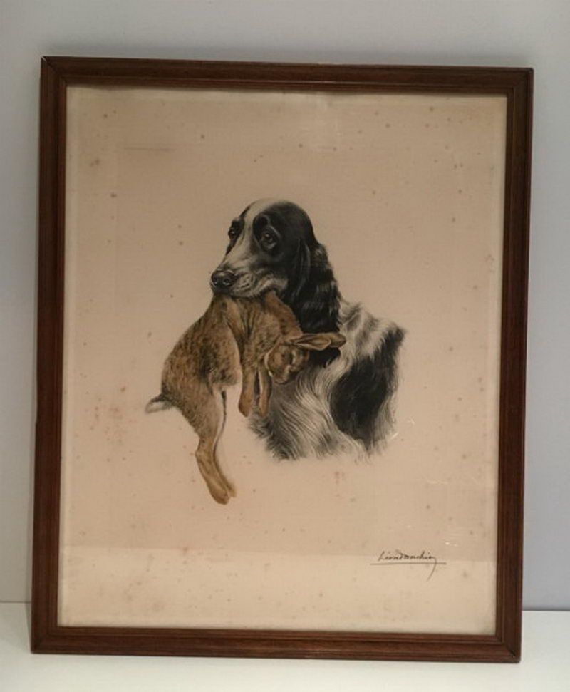 Lithographie Couleur d'un Setter Anglais et Lapin. Léon Danchin ((1887-1938)