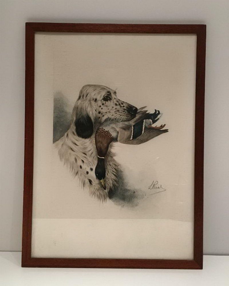 Lithographie d'un Setter Anglais et d'un Canard