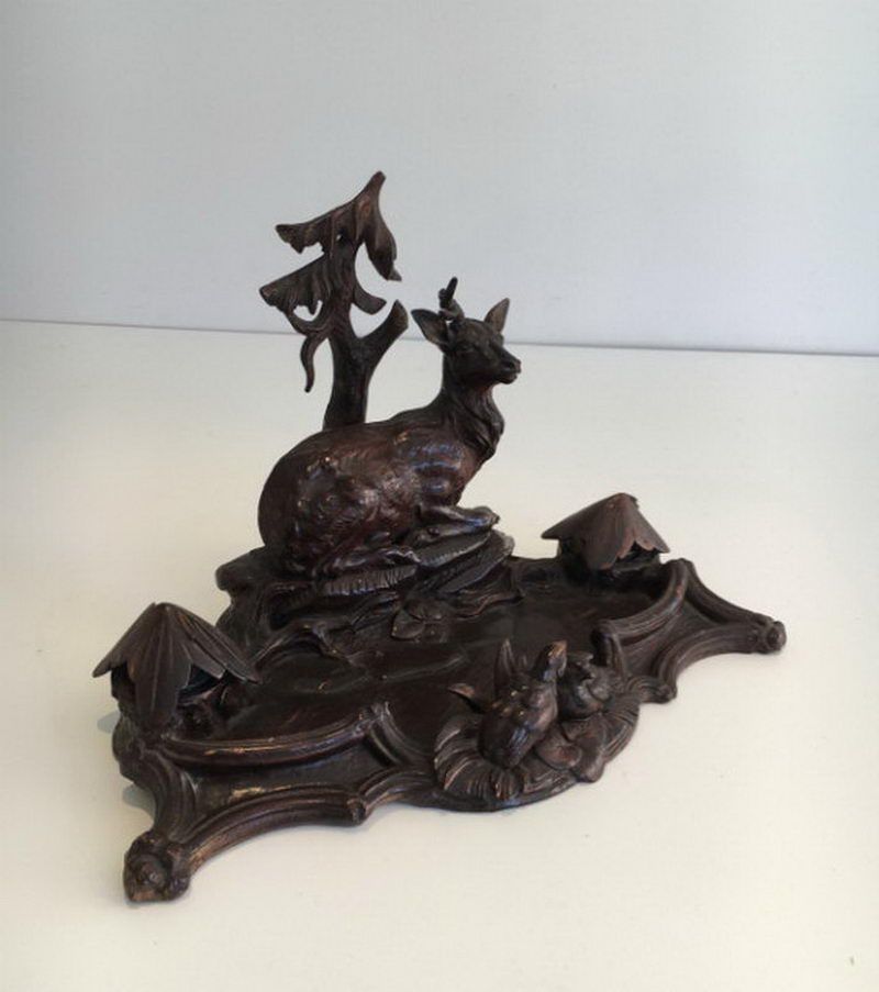 Black forest carved wood inkwell