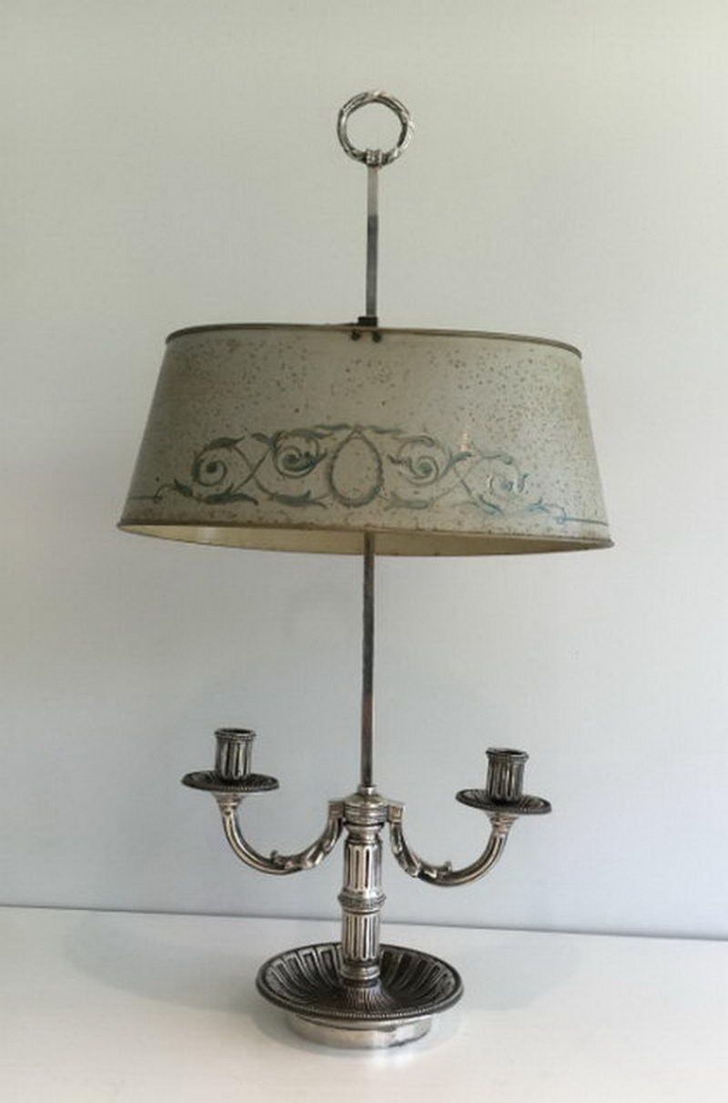 Louis the 16th style silver bouillotte lamp with painted tole shade