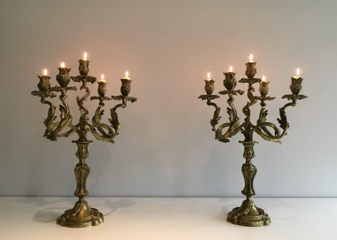 Pair of  5 arms bronze candlesticks