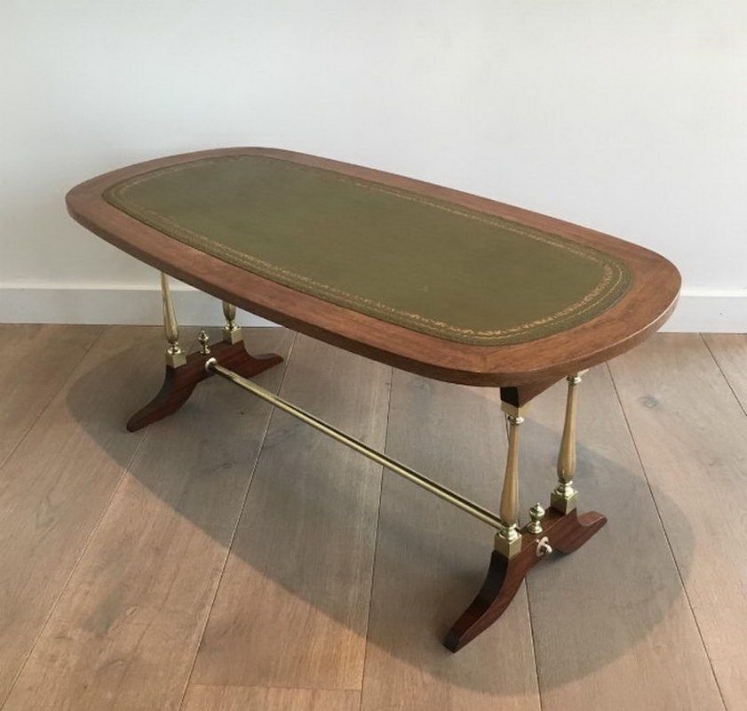 Table Basse Néoclassique en Bois, Laiton et Cuir