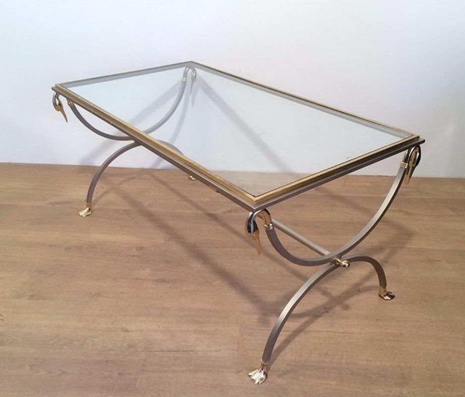 Brushed Steel and Brass Swan Coffee Table by Maison Jansen