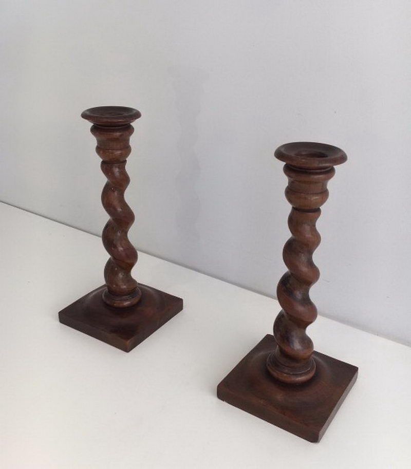 Pair of  Twisted Wooden Candlesticks