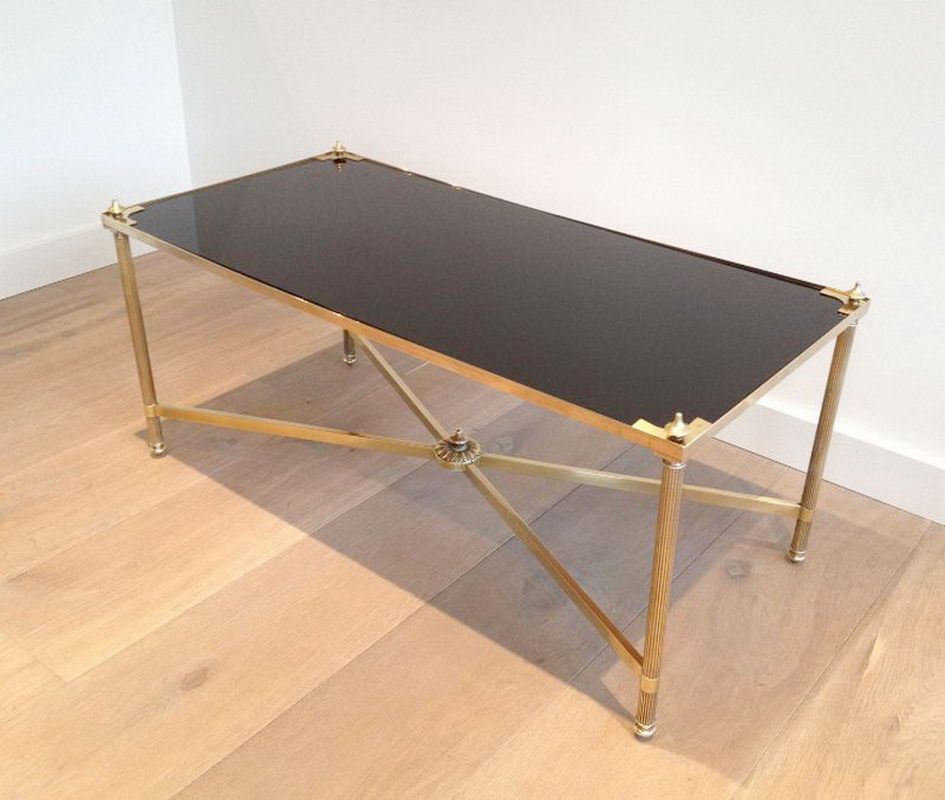 Brass Coffee table with Black Lacquered Glass Top by Maison Jansen