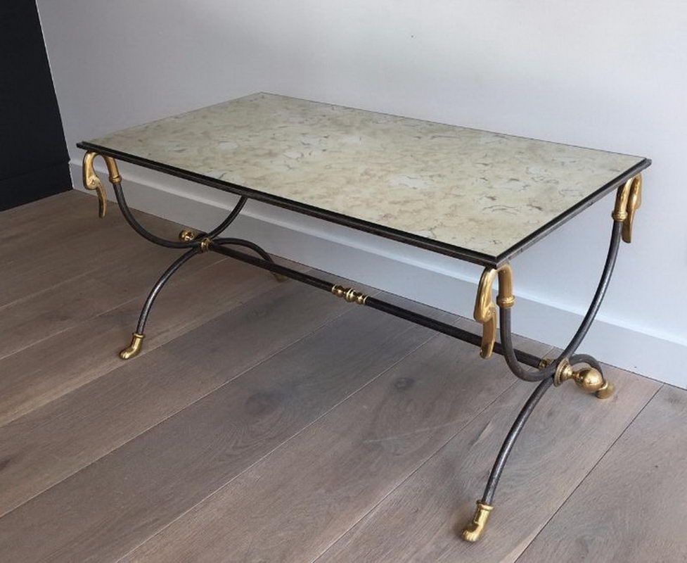 Maison Jansen Brushed Steel and Brass Coffee Table with Swanheads and feet