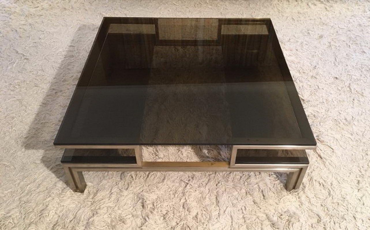 Exceptional brushed steel and brass coffee table by Guy Lefèvre for Maison Jansen