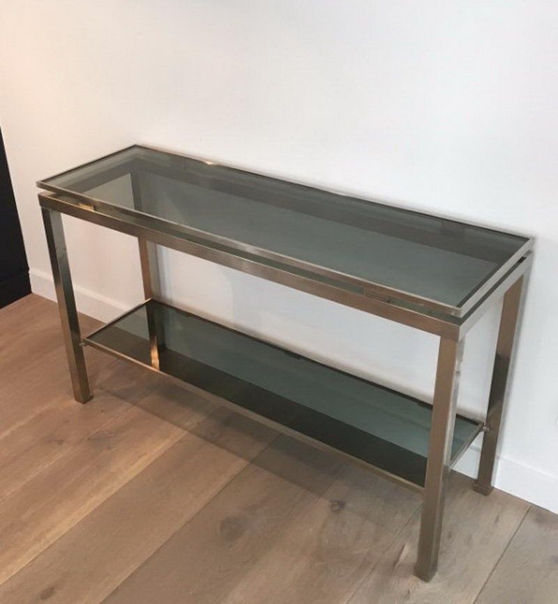 Beautiful Brushed Steel Console with blueish glass tops