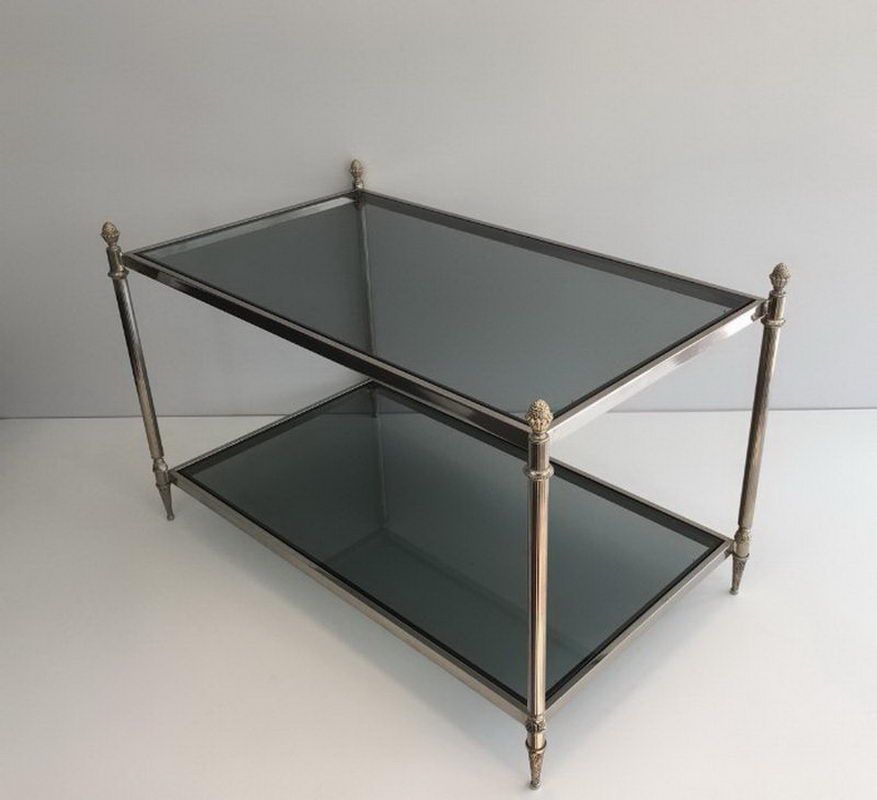 Neoclassical Silvered Coffee Table with blueish Glass Tops