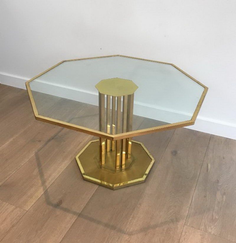 Octogonal Brass and Glass Design Coffee Table