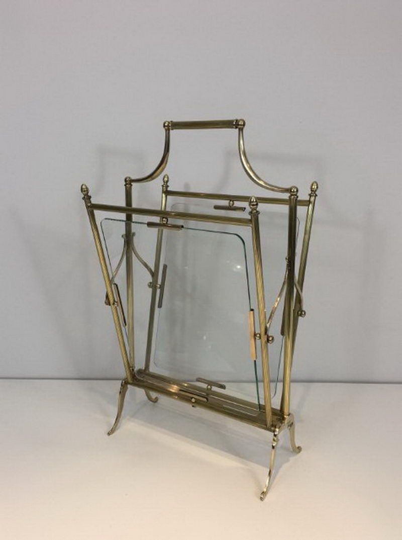 Neoclassical Brass and Glass Magazine Rack by Maison Jansen