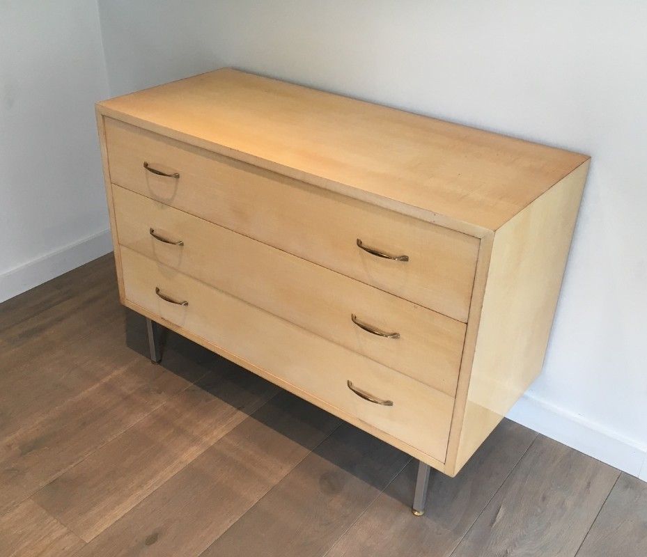 Egg Shell lacquered Commode with Brushed Steel Feet In the style of Knoll