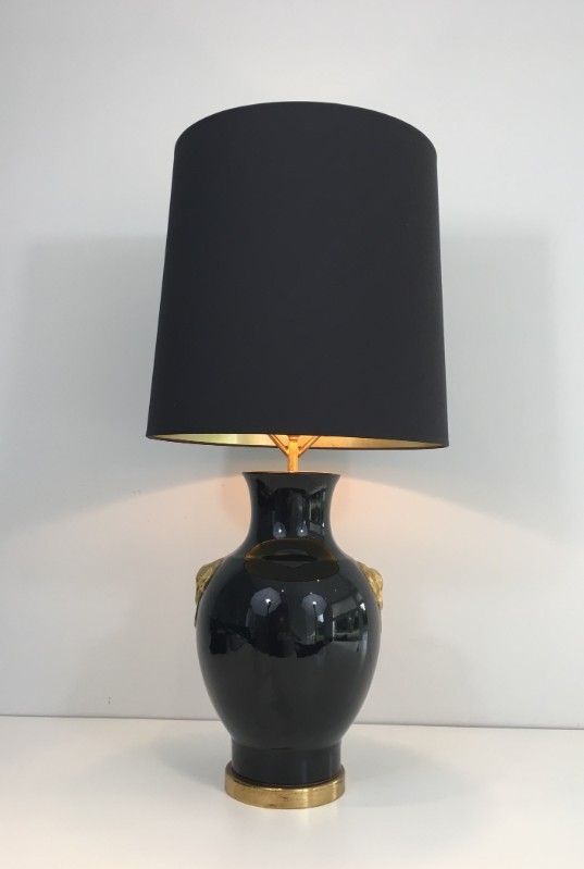 Lampe de Table en Céramique Noire et Dorée