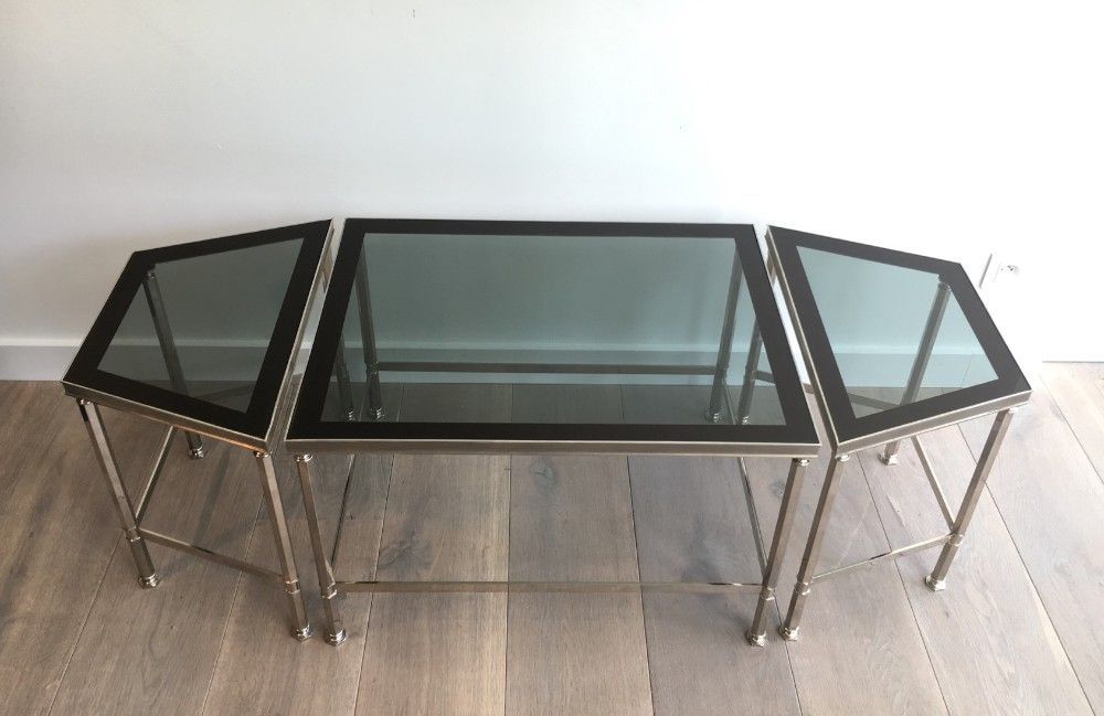 Rare Nickeled Tripartie Coffee Table with Glass Tops Lacquered All Around