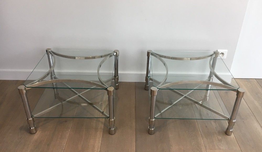 Pair of Unusual Side Tables made of Chrome and glass