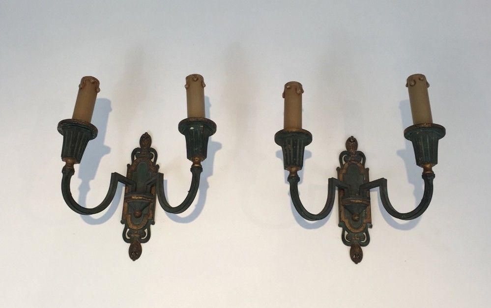 Interesting Pair of Bronze Sconces with Green and Gild Patina