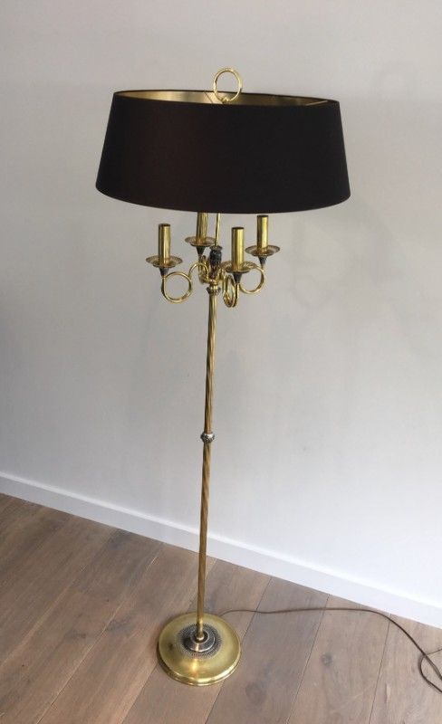 Neoclassical Brushed Steel and Brass Floor Lamp In the Style of Maison Charles