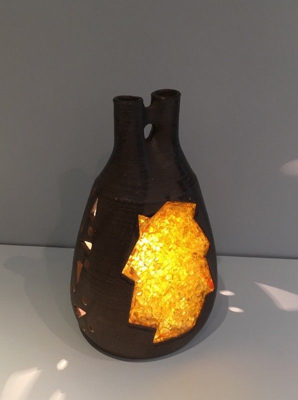 Unusual Ceramic and Yellow Glass Lamp