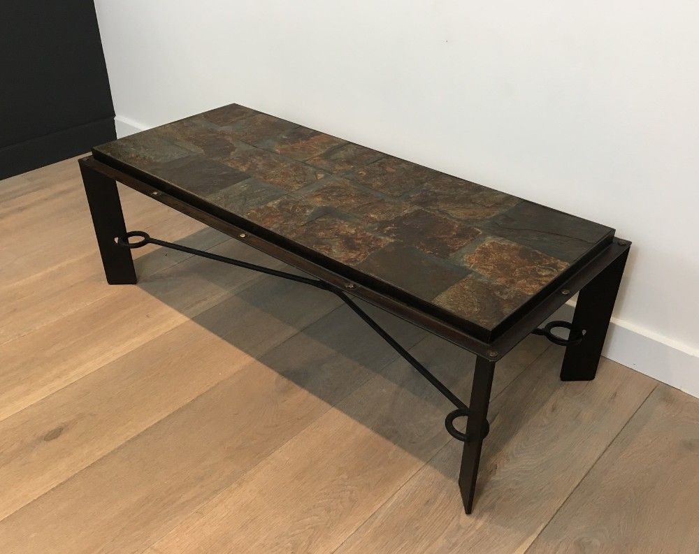 Rare Steel and Iron Coffee Table with Lava Stone Top