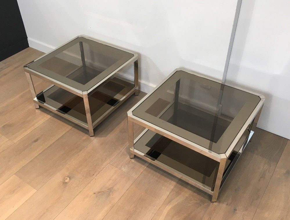 Pair of Large Octogonal Chromed Side Tables with Bronze Glass Tops